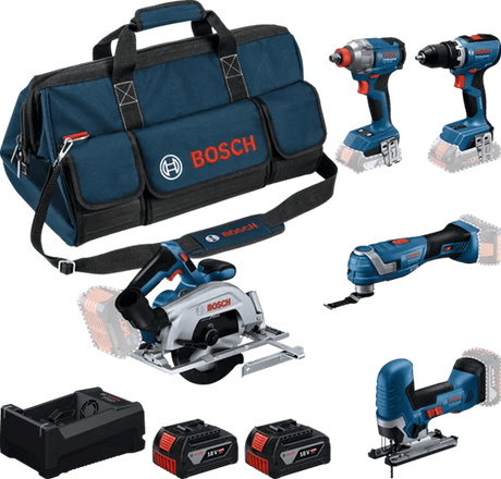 Bosch blå batteri værktøjssæt 5-værktøjssæt 18v | gsr 18v-65 + gdx 18v-285 + gks 18v-57-2 + gop 18v-34 + gst 18v-125 s | inkl. 2x gba 18v 5.0ah + oplader - 0615a500bv