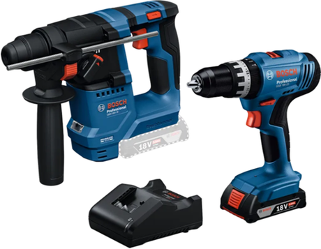 Bosch blå kombinationssæt 18v gsb 18v-25 akku slagboremaskine + gbh 18v-18 borehammer +1x2.0ah+gal 18v-20 - 0615a5007p
