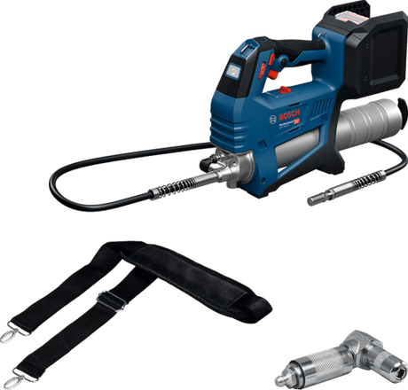 Bosch blå gfp 18v-10 ledningsfri fedtsprøjte | solo | inkl. 90 kobling og skulderrem | uden batteri og oplader - 06019n6000