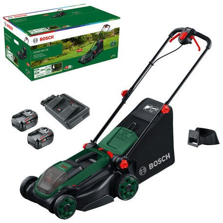 Bosch grøn batteriklipper rotak 18v2-38 | inkl. 2 x 18 v li-ion batteri (4,0 ah) + 2 x 18v-88 oplader + mulch stik - 06008b9m00