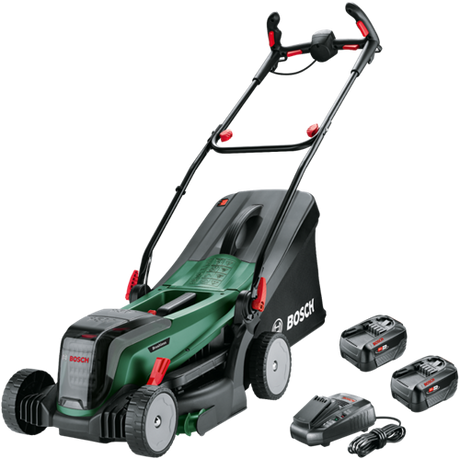 Bosch grøn batteridrevet plæneklipper universalrotak | 2x18v-37-550 | 2 x 18 v li-ion 4,0 ah batterier + al 1830 cv oplader - 06008b9e00
