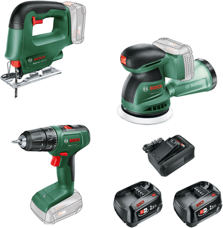 Bosch grøn batteriværktøjssæt combipack easydrill 18v-40 + easysaw 18v-70 + easyorbit 18v-10 | inklusive 2x 18v 2,5 ah + oplader | i taske - 0615a500a9