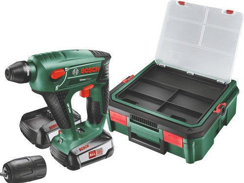Bosch grøn uneo maxx sbx - akku borehammer | 18v | 2 x 1,5 ah batteri + oplader | i sag - 060395230k