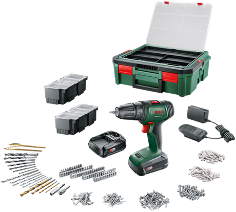 Bosch groen universal drill 18v | accuschroefboormachine | 2 x 1.5 ah accu + lader | incl. accessoires + systembox - 06039d4003