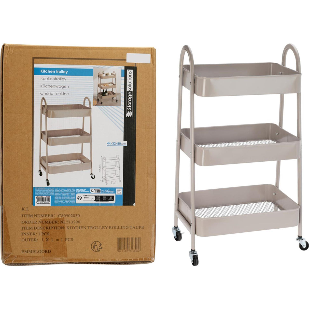 Storage solutions keukentrolley 3 lagen taupe 32x9x45cm