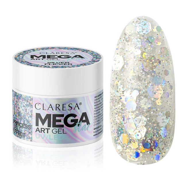 Claresa megastar sølv flimmer uv led art gel 10gr.