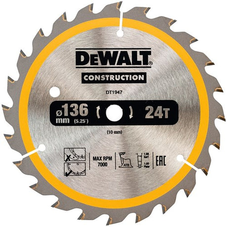 Dewalt accessoires cirkelzaagblad 136x10x24t, wisseltand, positief 20°, kerf 1,6mm - dt1947-qz