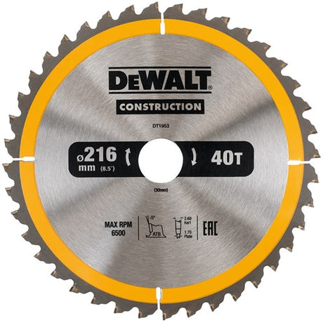 Dewalt tilbehør dt1953 konstruktion rundsavklinge - 216x30x40t - træ - dt1953