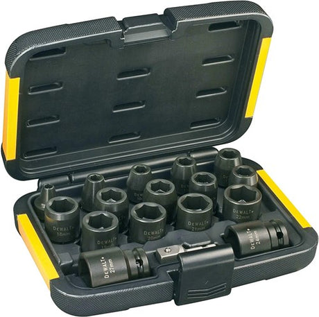 Dewalt tilbehør fatningssæt 17-delt (6,8,10,11,12,13,14,16,17,18,19,20,21,22,24,27 mm 1 4 til 1 2 adapter) - dt7506-qz