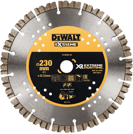 Dewalt tilbehør ekstrem runtime diamantklinge, segmenteret, ø230 mm 22,2 mm (dcs690) - dt40260-qz