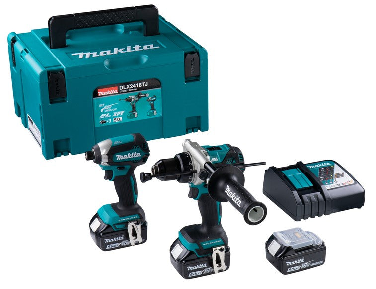 Makita dlx2418tj kombinationssæt til tungere bore- og skrueopgaver | dhp486 og dtd153 | 3 x 5,0 ah batteri og hurtigoplader - dlx2418tj