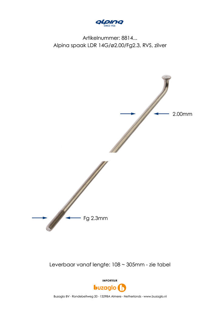 Buzaglo eger 286-14 alpina ø2.00mm fg 2.3 rustfrit stål - sølv (144 stk) 1