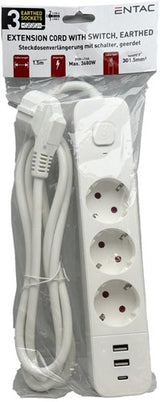 Enzo entac tcd ra 3v 1,5m ledning med 2xusb og 1xusb-c + switch hvid - 6872630