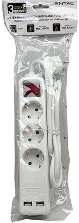 Enzo entac tcd ra 3v 1,5m ledning med 2xusb + switch hvid - 6872632