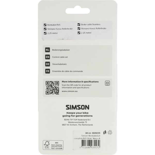 Simson bremsekabelsæt komplet rustfrit stål shim. nexus rullebr. sort