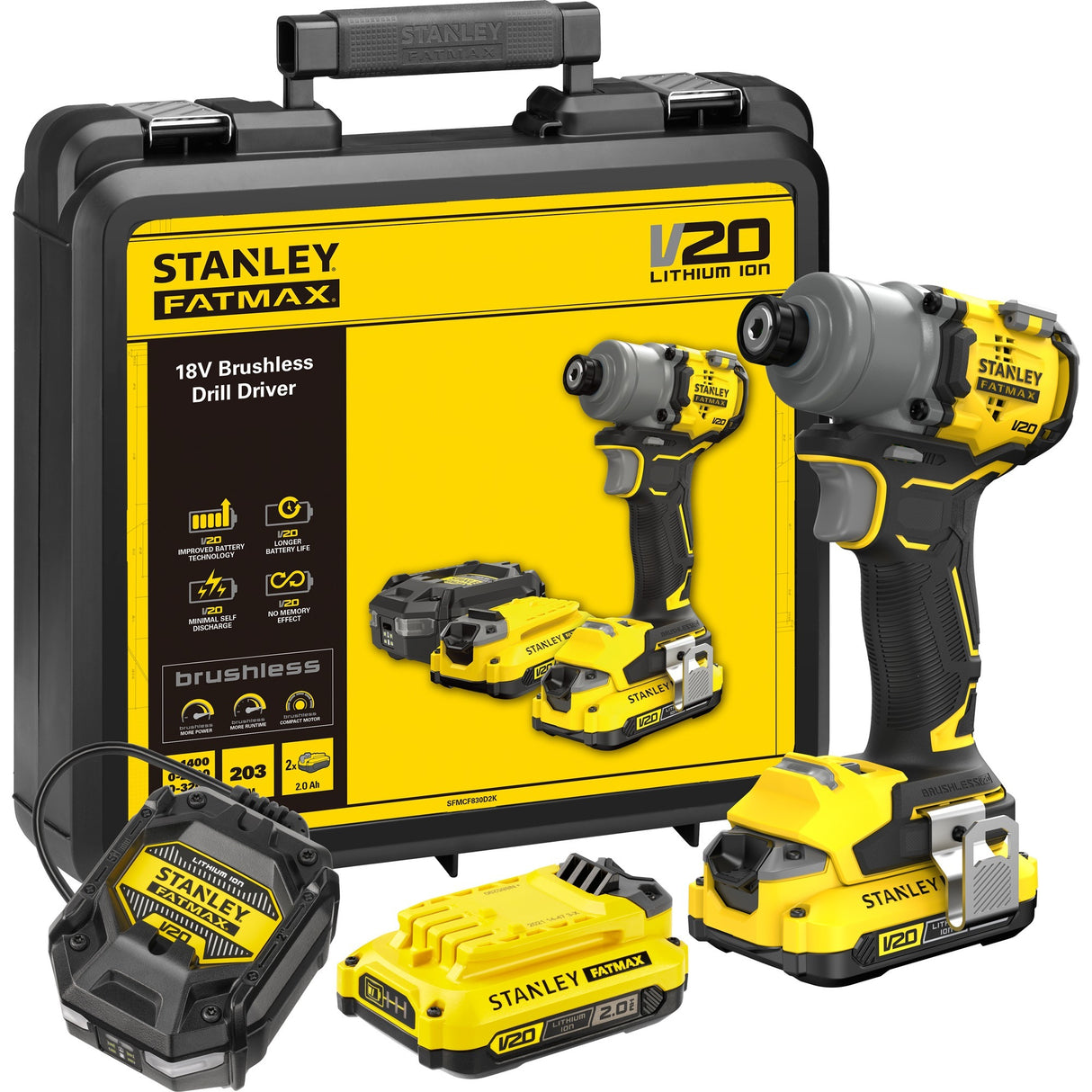 Stanley v20 18v børsteløs slagdriver (gul sort, etui, 2 batterier og oplader inkluderet)