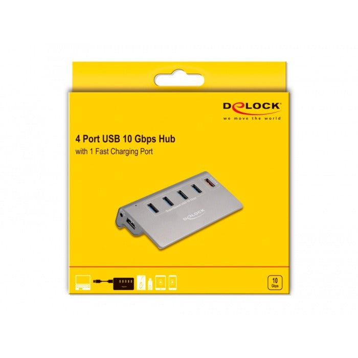 Delock USB-hub 10 Gbps med 4 USB-A + 1 hurtigopladningsport (grå, inkl. strømforsyning)