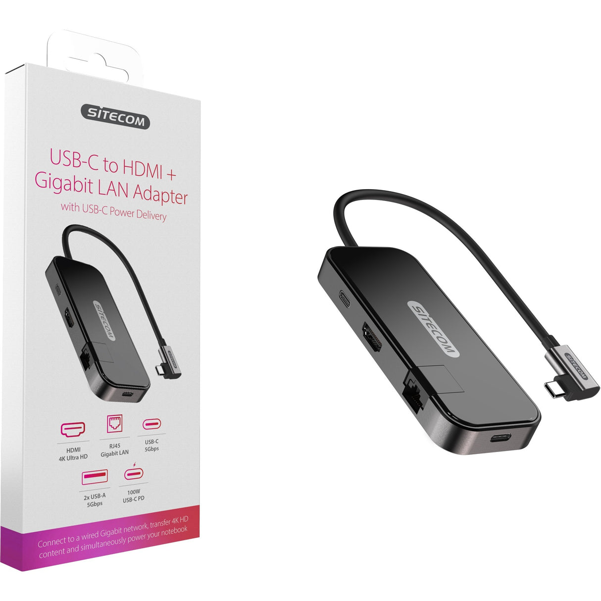 Sitecom USB-C til HDMI + Gigabit LAN-adapter (sort)
