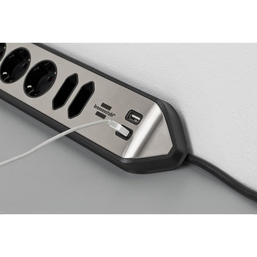 Brennerstuhl ®estilo hjørne tilslutningsboks med USB-opladningsfunktion 6-vejs 4x beskyttelsesstik 2x euro sølv sort