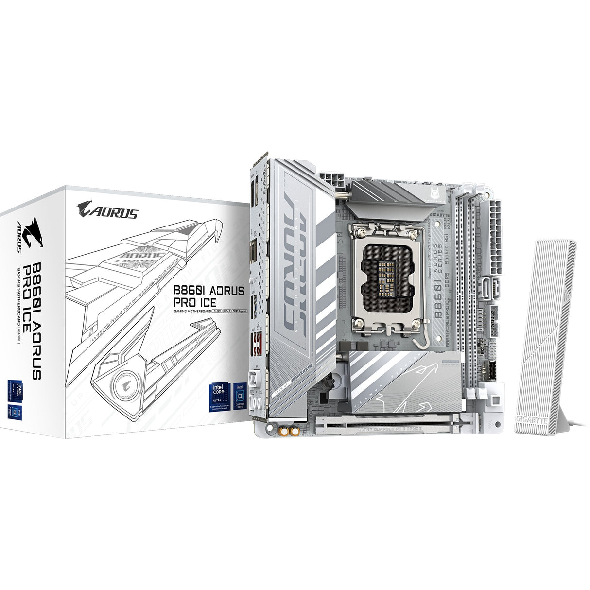 Gigabyte B860i Aorus Pro Ice Socket 1851 bundkort (sølv, RAID, 2,5 GB-LAN, Wi-Fi 7, BT, lyd, Mini-ITX)