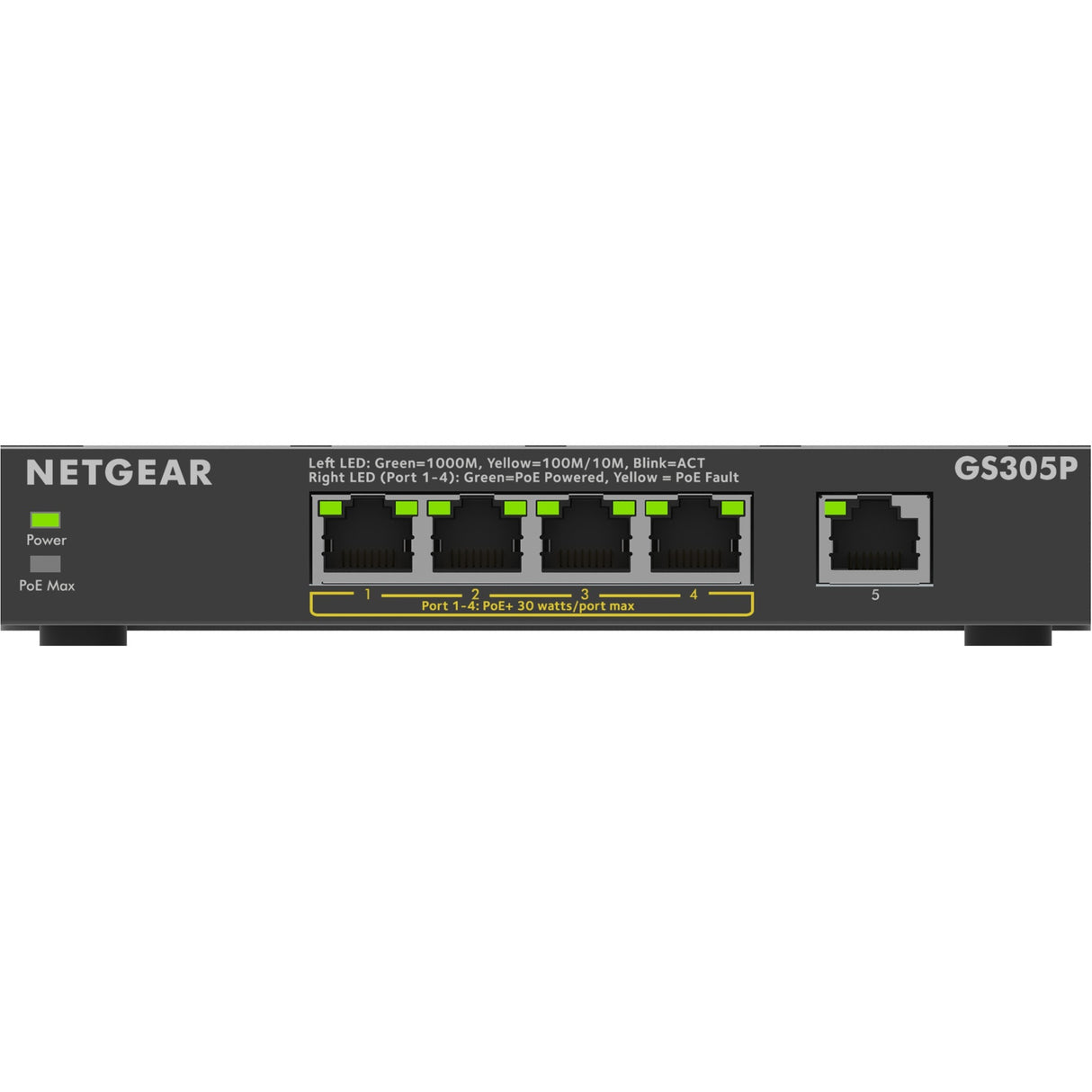 Netgear 5-ports poe+ gigabit ethernet soho unmanaged switch (gs305p) (sort)