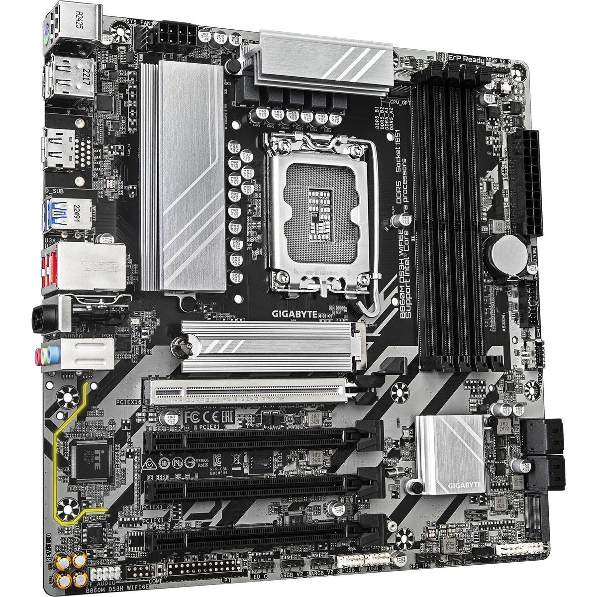 Gigabyte B860M DS3H WiFi 6E Socket 1851 bundkort (RAID, 2,5 GB LAN, WiFi 6E, BT, lyd, µATX)