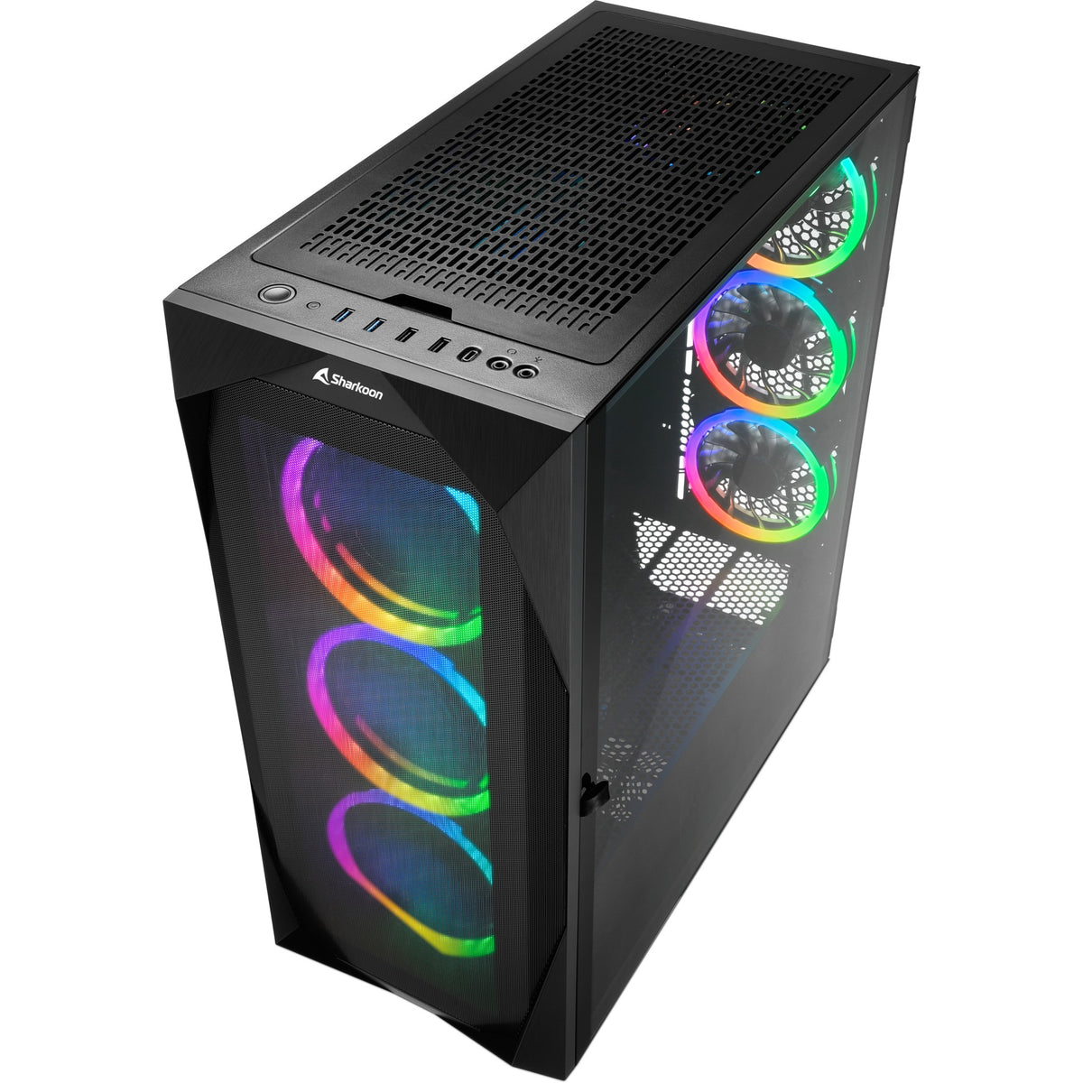 Sharkoon rev300 midi tårnhus (sort | 4x USB-A | 1x USB-C | RGB | hærdet glas)