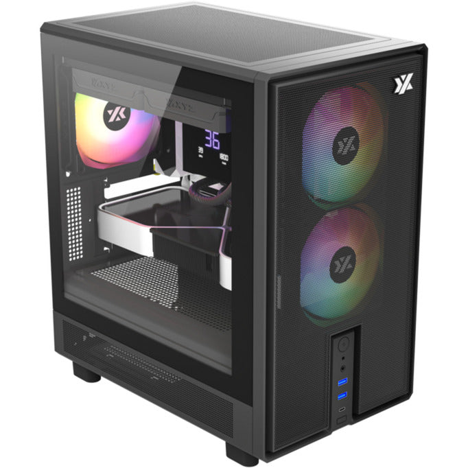 Xyz pc gear atom midi tårnhus (sort | 2x USB-A | 1x USB-C | hærdet glas)