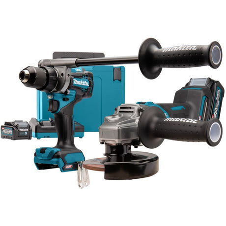 Makita 40 v max kombinationssæt dk0124g201 (blå, vinkelsliber + boremaskine, mbox, hurtiglader og 2 batterier (4,0 ah) inkluderet)