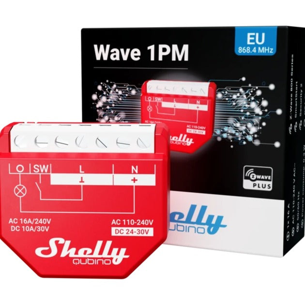 Shelly qubino wave 13.00 relæ (rød, 1-kanal, z-wave)