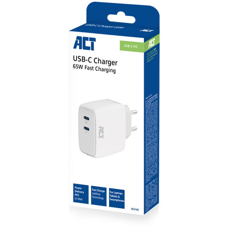 Act-tilslutning USB-C-oplader 65W 2-port med strømforsyning PPS og Ganfast (hvid)