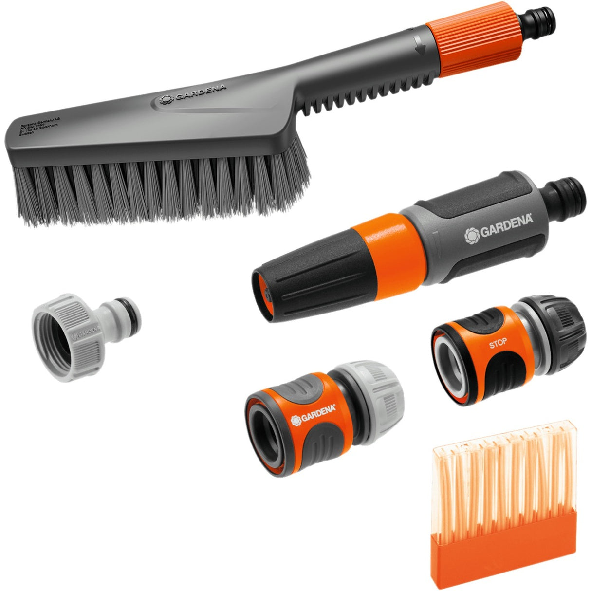 Gardena cleansystem rengøringssæt med børstes bløde sæbestykker og stik til vaskebørste (grå orange, 18862-20)