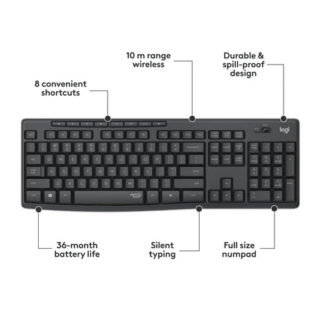 Logitech mk295 lydløst trådløst tastatur og mus combo desktop sæt (sort, us-internationalt layout (qwerty), 100%)