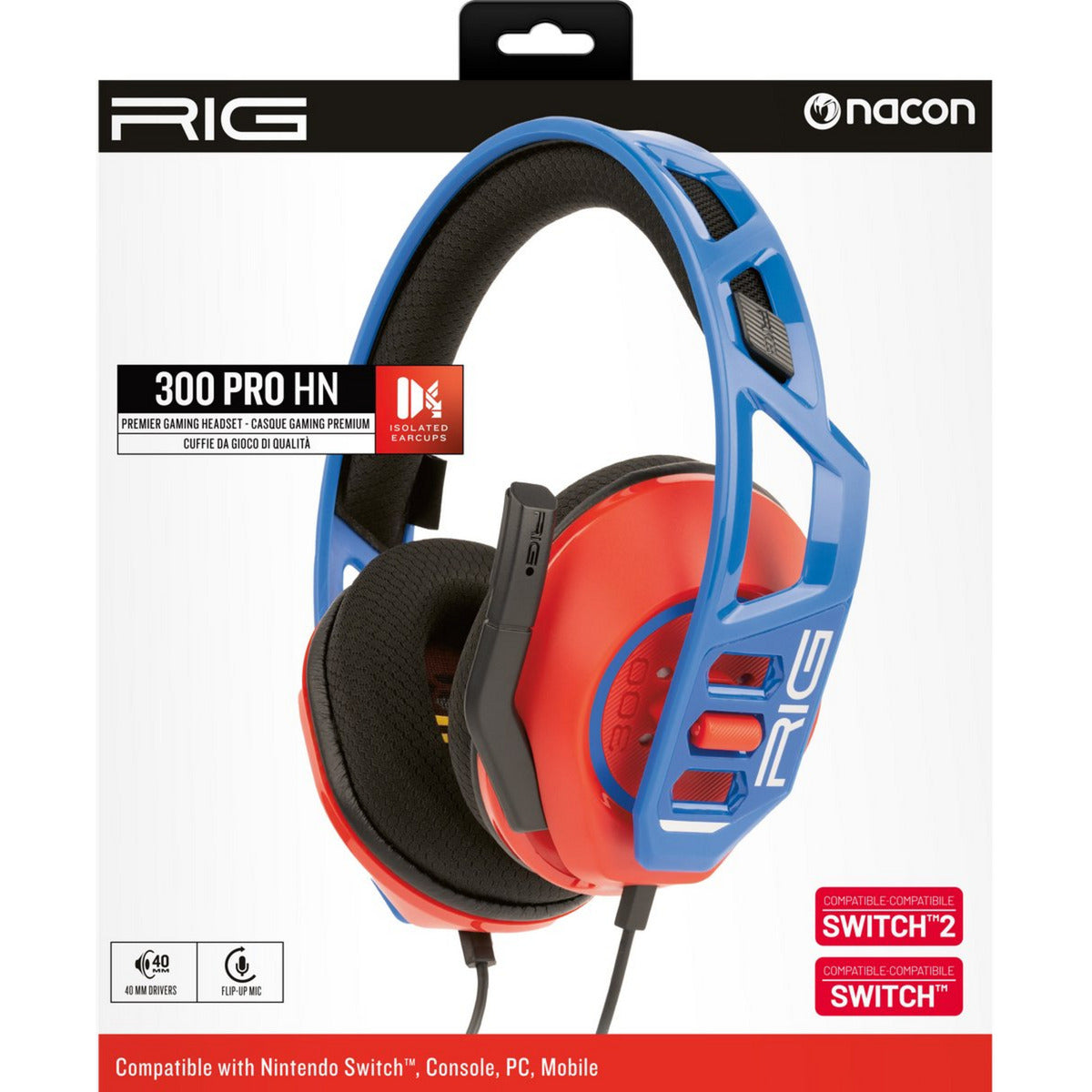 Nacon rig 300 pro hn over-ear gaming headset (rød blå, nintendo switch, nintendo switch 2, playstation 5, playstation 4, xbox, windows)