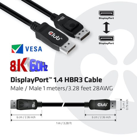 Club 3D DisplayPort 1.4 Vesa-certificeret kabel han-han (sort, 1 meter, 8K 60Hz eller 2x 4K 60Hz, 32,4Gbps)