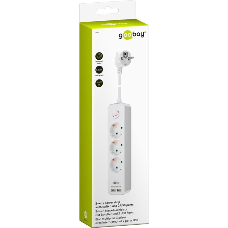 Goobay 3-vejs strømskinne med kontakt og USB strømskinne (hvid, kabel 1,5 meter, 2x USB-A)