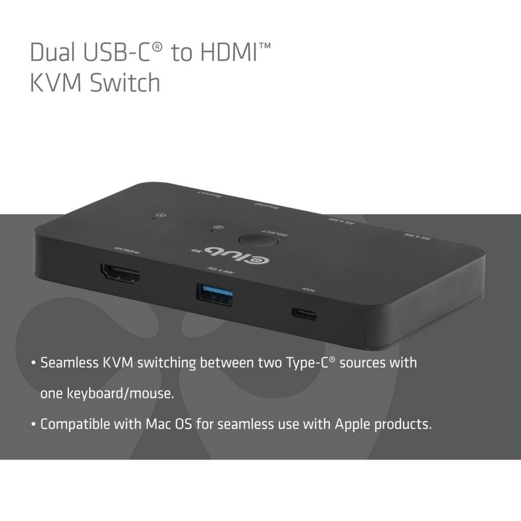 Club 3d csv-2512 kvm switch dual usb-c naar hdmi kvm-switch (zwart, 4k 60hz)