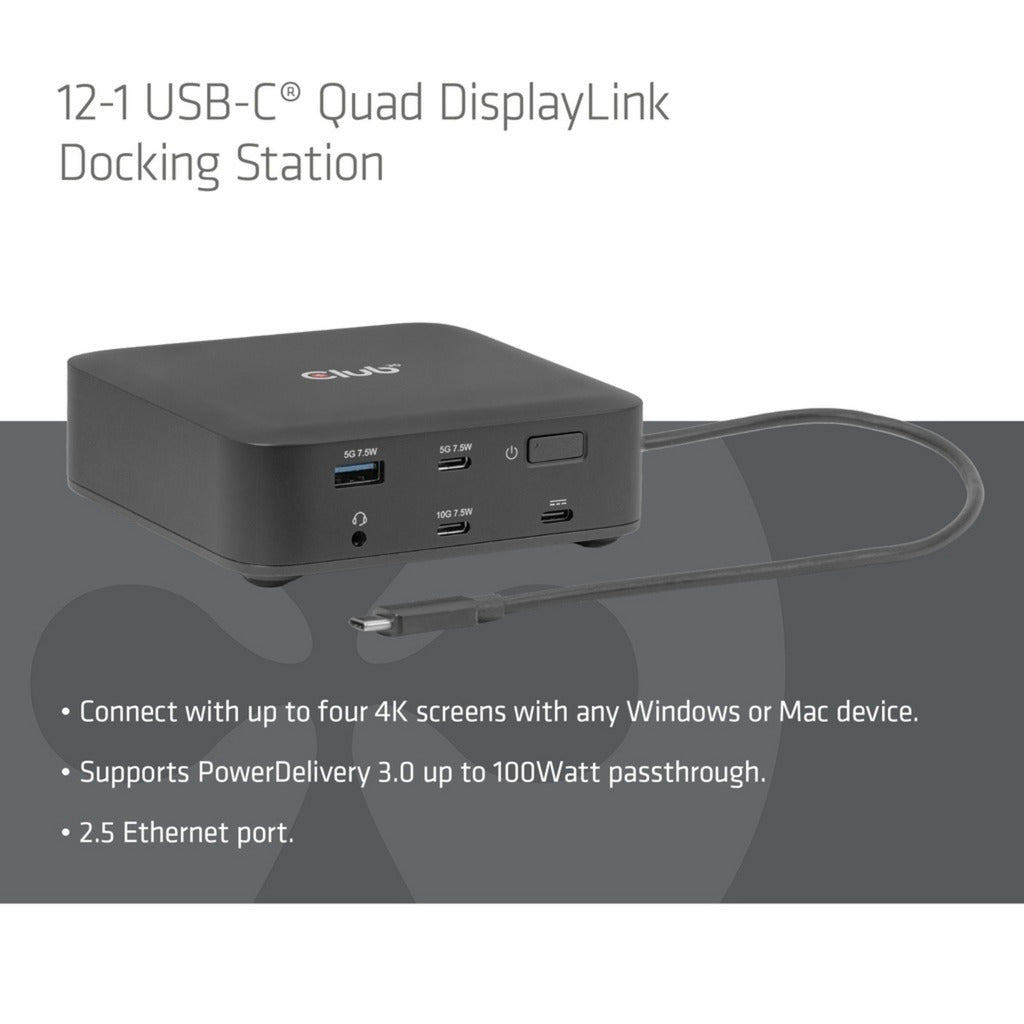 Club 3d 12-1 usb-c® quad displaylink dockingstation (zwart)