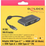 Delock USB-C han > HDMI hun + USB-A + USB-C PD-adapter (sort, 0,2 meter, 4k 30hz)