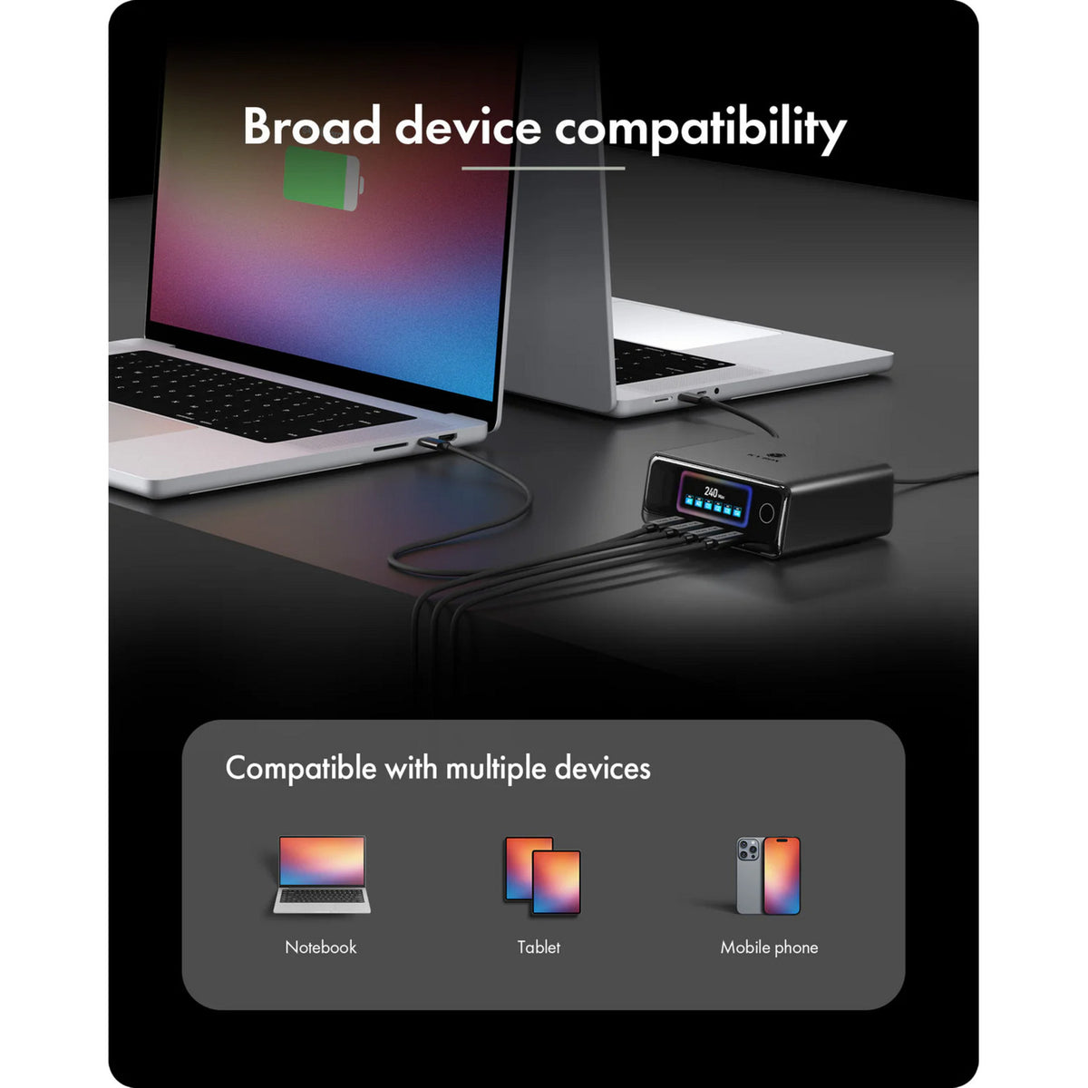 Icy box 240w gan ladestation (sort, 4x USB-C, 2x USB-A)