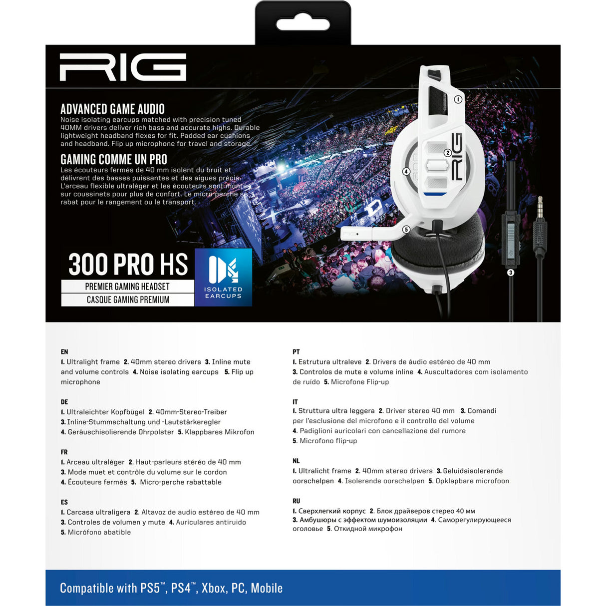 Nacon rig 300 pro hs over-ear gaming headset (hvid, playstation 4, playstation 5, xbox, nintendo switch, pc)