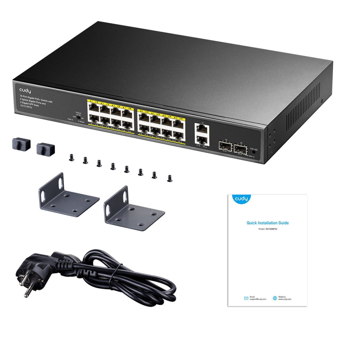 Cudy 16-gbe poe+ switch med 2 uplink gbe og 2 uplink sfp (sort)