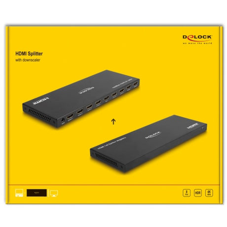 Delock HDMI splitter 1x HDMI ind > 8x HDMI ud, 4k 60hz (sort, med downscaler)