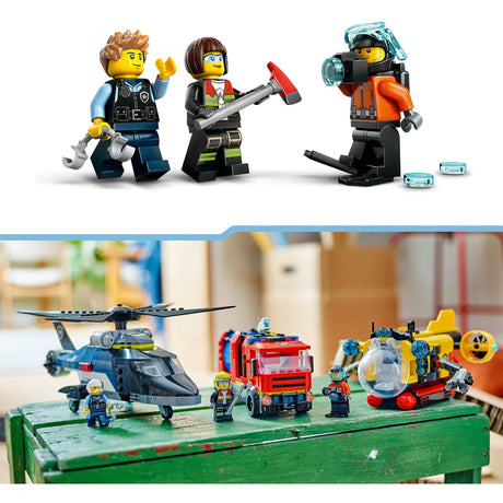 Lego city - helikopter, brandbil og ubåd remix byggelegetøj (60462 | sæt med 3 modulære køretøjer)