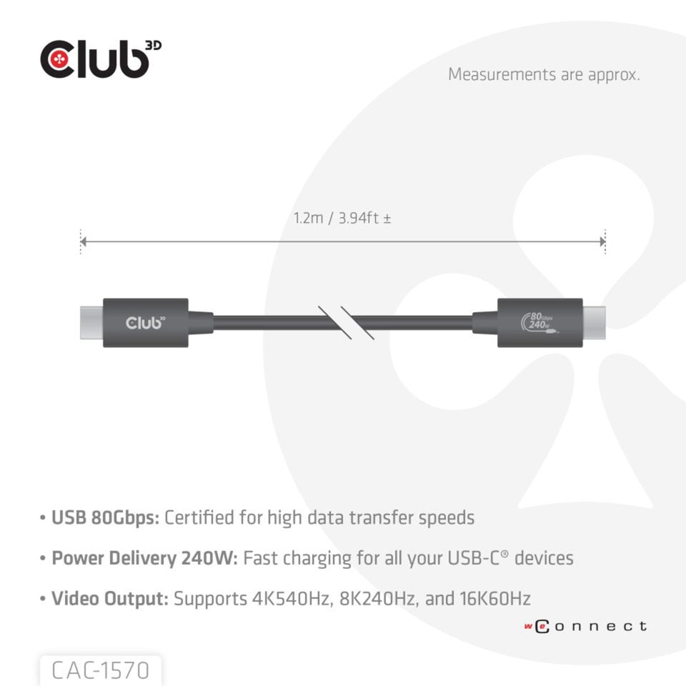Club 3D USB-C 80 Gbps certificeret 240W 8K 240Hz kabel (sort, 1,2m)