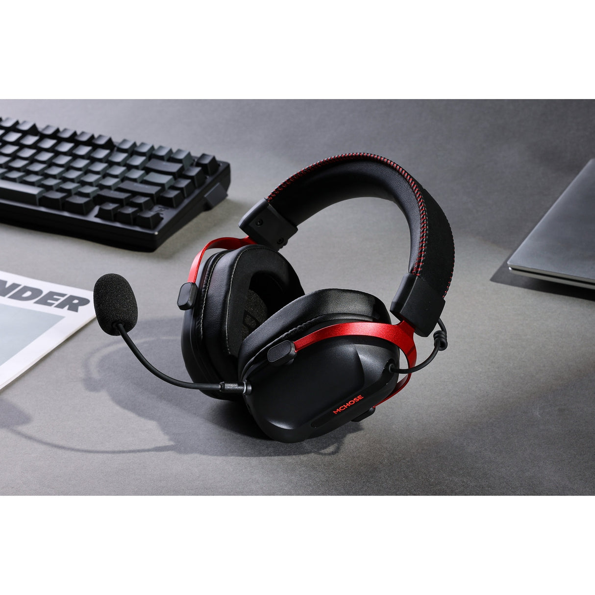 Mchose s9 pro trådløst over-ear gaming headset (sort rød, pc laptop playstation switch smartphone, 2,4 g bluetooth kablet type-c)