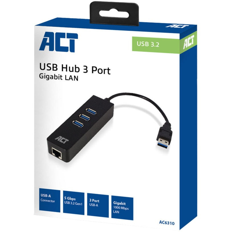 Act-tilslutning ac6310 USB-hub 3.2 med 3 USB-A-porte og Ethernet USB-hub (sort)