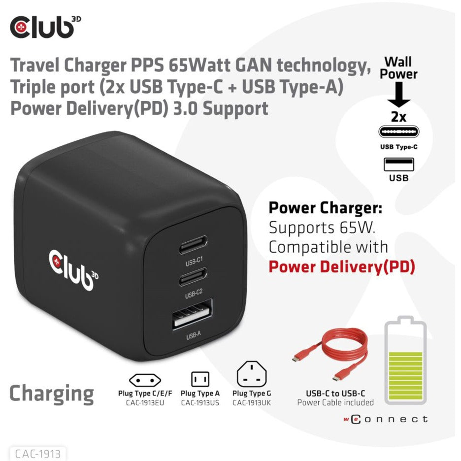 Club 3d rejseoplader 65w gan (sort)