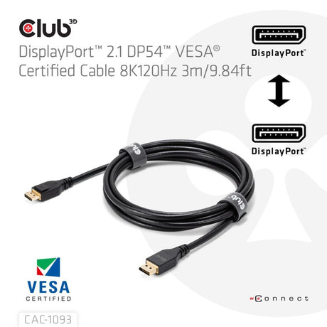 Club 3D DisplayPort 2.1 Vesa DP54 certificeret kabel han-han (sort, 3 meter, 4K 240Hz, 8K 120Hz, 54Gbps)