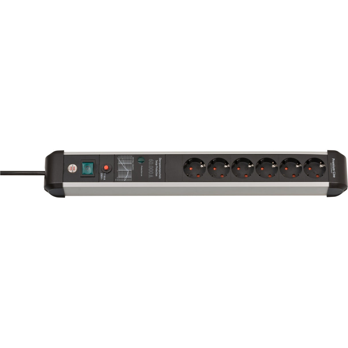 Brennerstuhl premium-protect-line, 6-vejs strømskinne med overspændingsbeskyttelse (3m kabel, med afbryder, fremstillet i Tyskland)